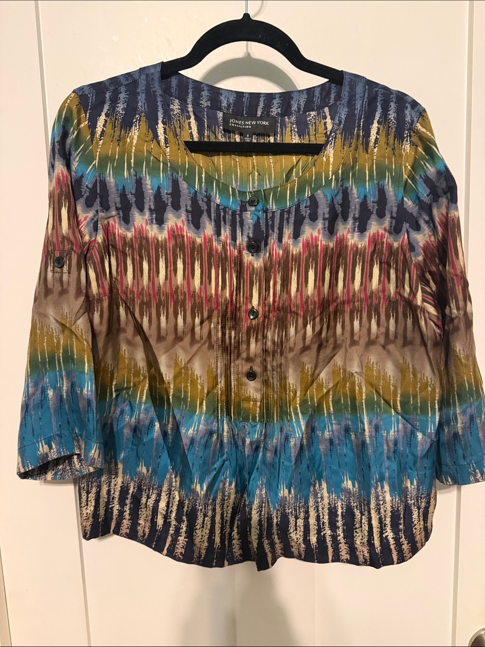 Jones New York 100% Silk Bohemian Multicolor Ikat-Print Button Front Top